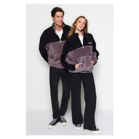 Trendyol Black Unisex Oversize/Wide Cut Color Block Minimal Embroidery Warm Plush Sweatshirt