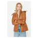 Trendyol Camel Hoodie with Shirred Waist, Quilted Coat