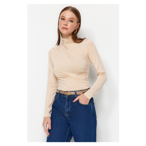 Trendyol Stone Shirring Detail Standing Collar With Snap fastener, Flexible Knitted Body