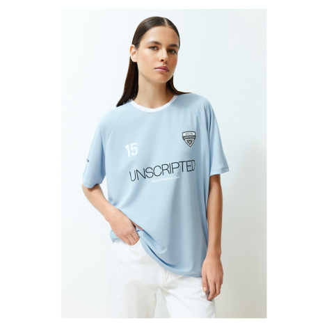 Trendyol Blue Oversize Slogan Printed Knitted T-Shirt