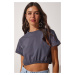 Happiness İstanbul Women's Anthracite Waist Elastic Crop T-Shirt