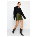 Trendyol Khaki Faux Leather Cargo Pocket High Waist Fitted Mini Knitted Skirt