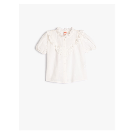 Koton Ruffled Short Sleeve Cotton Shirt Standing Collar