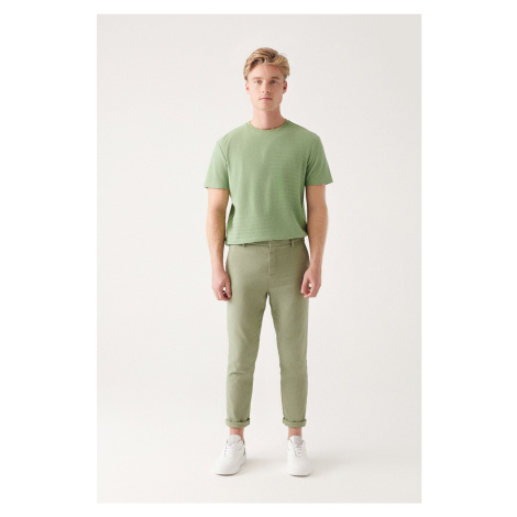 Avva Men's Aqua Green Side Pocket Elasticized Back Waist Linen Textured Relaxed Fit Comfortable 