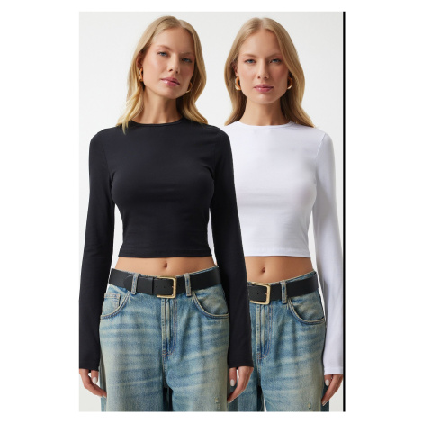 Happiness İstanbul Women's Black and White Crew Neck Basic 2-Pack Crop Knitted Blouse