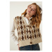 Happiness İstanbul Women's Beige Diamond Patterned Buttoned Sweater Shirt