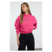 Trendyol Fuchsia Slogan Printed Oversize/Wide Pattern Crop Thick Polar Fleece Knitted Sweatshirt