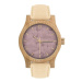 Béžovo-fialové drevené hodinky s koženým remienkom pre dámy