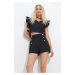 Trend Alaçatı Stili Women's Black High Waist Hidden Zipper Front Buttoned Woven Shorts