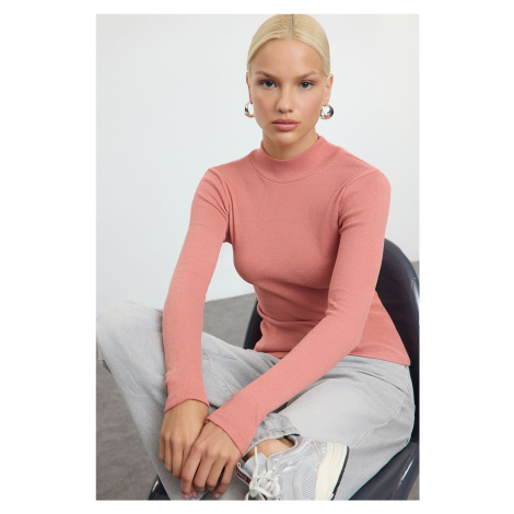 Trendyol Pink Fitted High Neck Long Sleeve Ribbed Stretchy Knitted Blouse