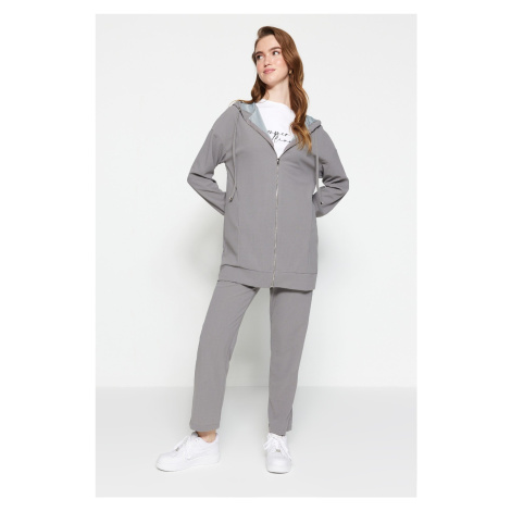 Trendyol Gray Oversize Zippered Hooded Cardigan Knitted Tracksuit