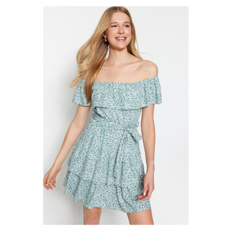 Trendyol Mint Floral Printed Carmen Collar Flounce and Ruffle Detailed Mini Knitted Dress