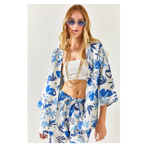 Olalook Women's Leaf Saxe-Blue Patterned Linen Kimono