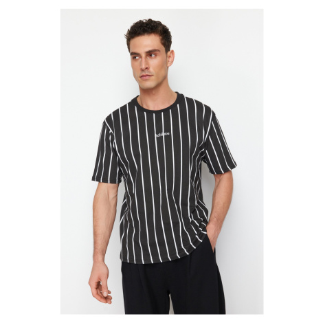 Trendyol Black Oversize/Wide Cut Striped 100% Cotton T-Shirt