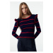 Trendyol Navy Blue Shoulder Flounce Striped Knitwear Sweater