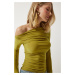 Happiness İstanbul Women's Oil Green Draped Collar Gather Detailed Blouse