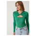 Happiness İstanbul Women's Green Cut Out Detailed Ribbed Knitted Blouse