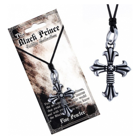 Čierna šnúrka na krk a kovový prívesok, zdvojený kríž, ľaliové cípy