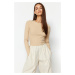 Trendyol Beige Ribbed Crew Neck Fitted Cotton Stretch Knitted Blouse