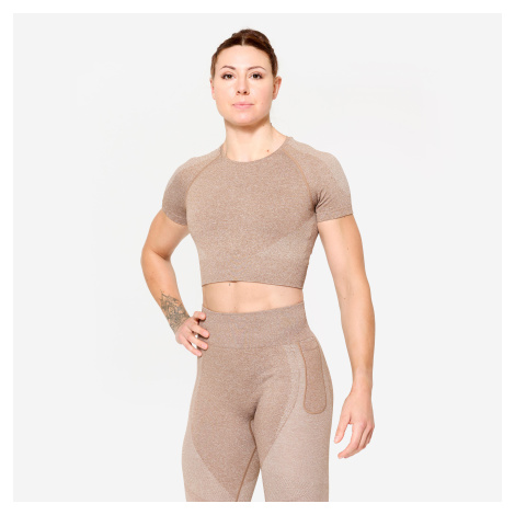 Dámske crop top tričko 900 na fitness bezšvové hnedé DOMYOS