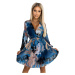 YSABEL - Plisované dámske šaty s výstrihom, dlhými rukávmi, opaskom a so vzorom svetlo modrých v