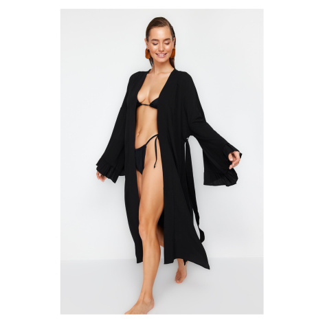 Trendyol Black Belted Maxi Woven Ruffled 100% Cotton Kimono&amp;Kaftan