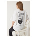 Happiness İstanbul Women's White Printed Oversize Two Thread Knitted T-Shirt