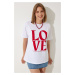 Happiness İstanbul Women's White Printed Oversize Cotton T-Shirt