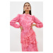 Trendyol Pink Floral Skirt Ruffled Lined Woven Chiffon Dress